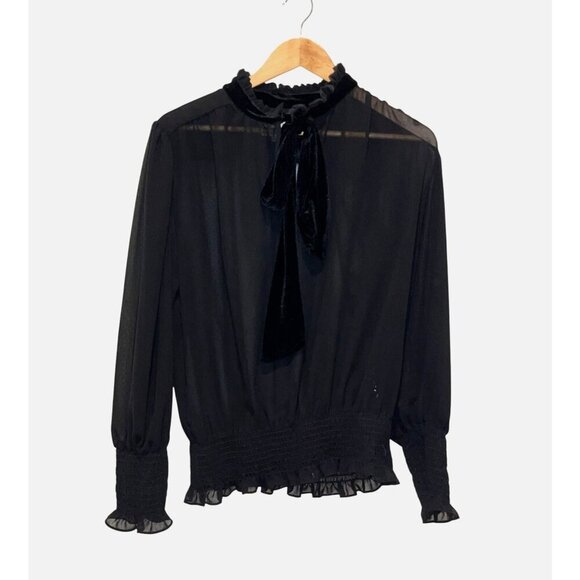 Misa Los Angeles Black Smocked Sheer Long Sleeve Tie Neck Blouse Women's Size M - Picture 1 of 8
